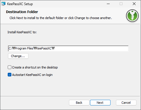KeePassXC 설치 경로 선택 및 자동 시작 옵션 설정 화면