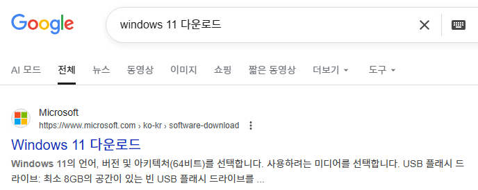 Google에서 'windows 11 다운로드'를 검색한 결과 화면