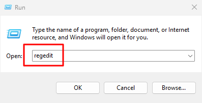 실행 대화상자에서 레지스트리 편집기 열기