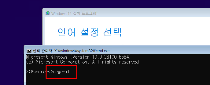 Windows 11 설치 중 명령 프롬프트에서 레지스트리 편집기 실행